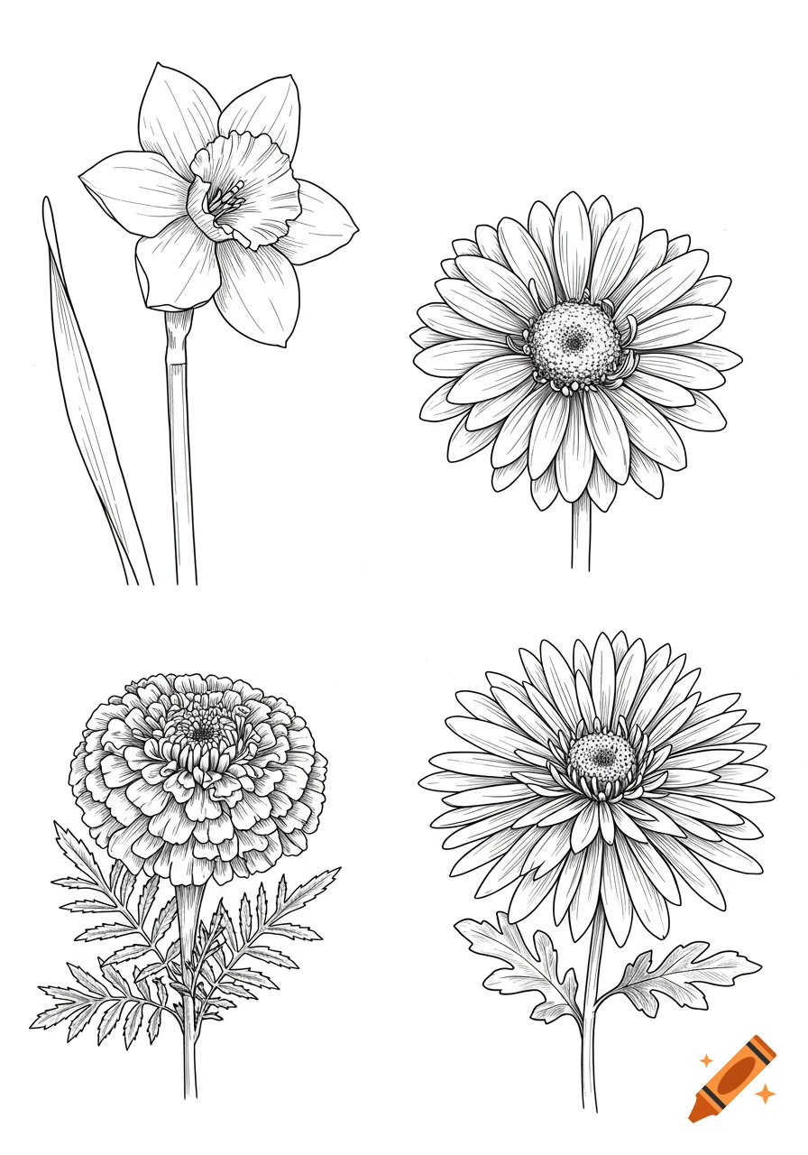 Black and white line drawings of a daffodil, a marigold, and two gerbera daisies on a white background.