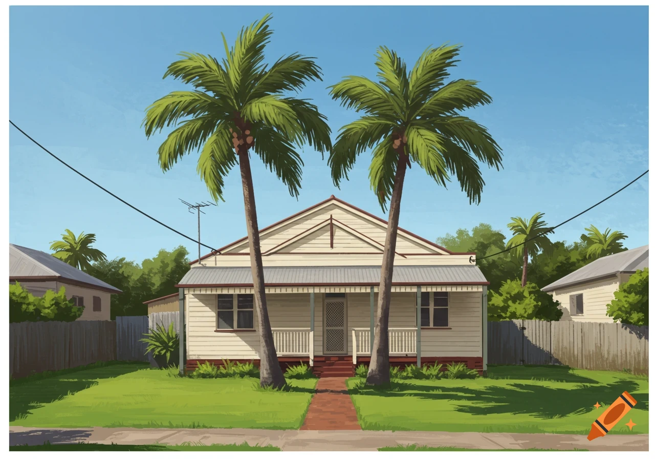An illustration of a light-colored Queenslander cottage with a porch and a red brick path, flanked by two large palm trees on a green lawn under a blue sky.