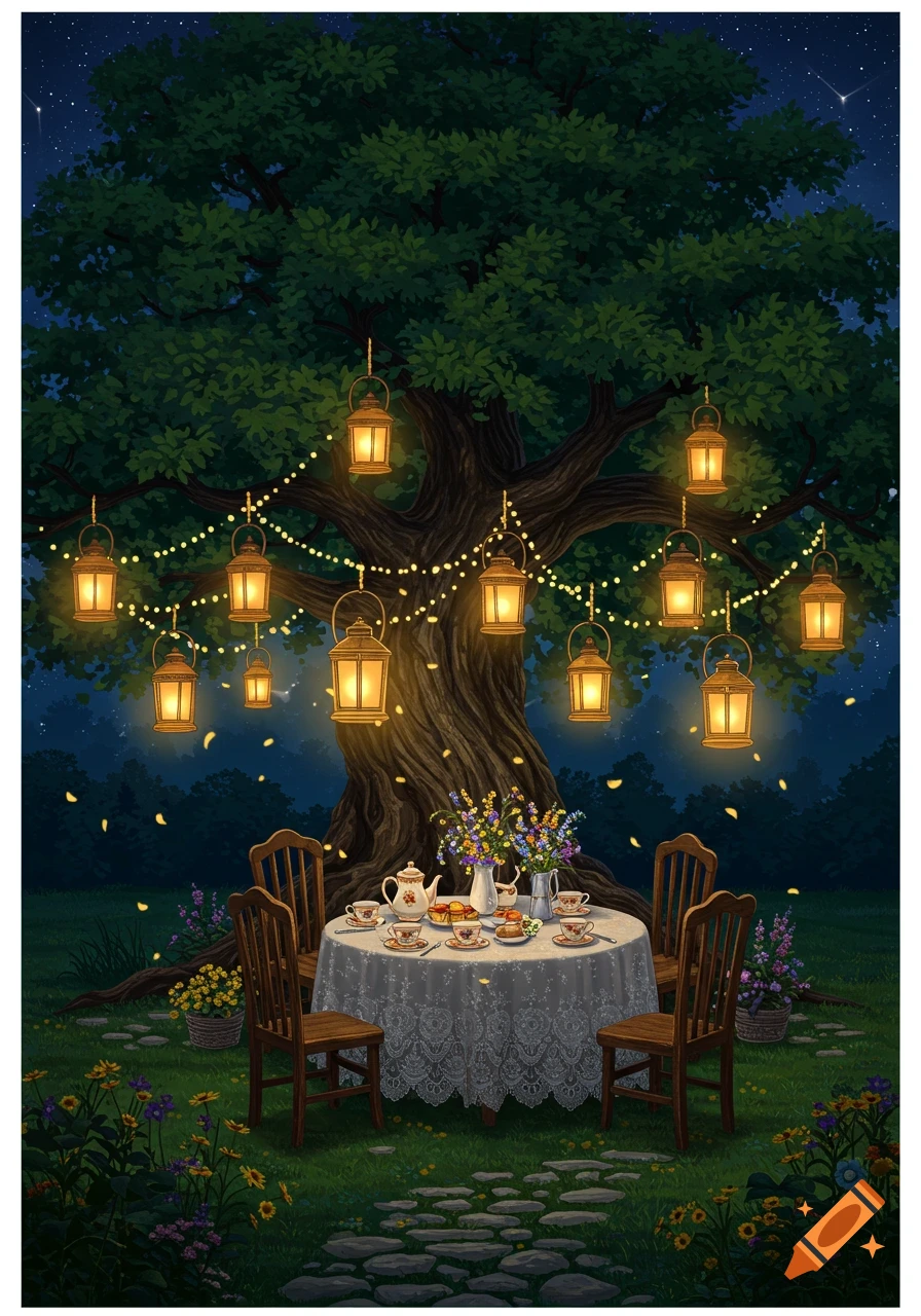 A magical outdoor tea party at night under a large tree with glowing lanterns hanging from its branches, bathed in starlight.