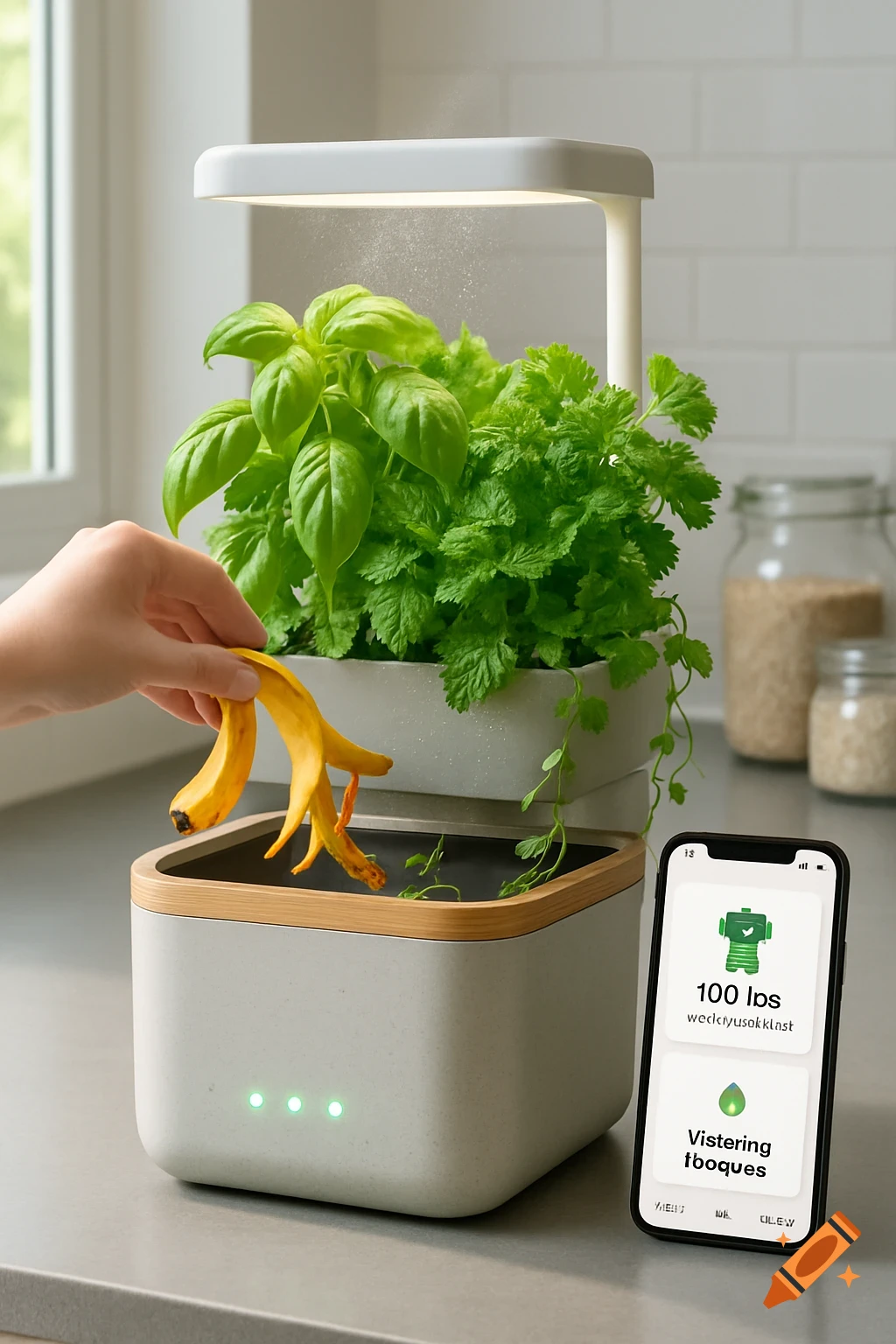 A hand drops a banana peel into a modern kitchen compost bin with an indoor herb garden under LED lights, next to a smartphone.