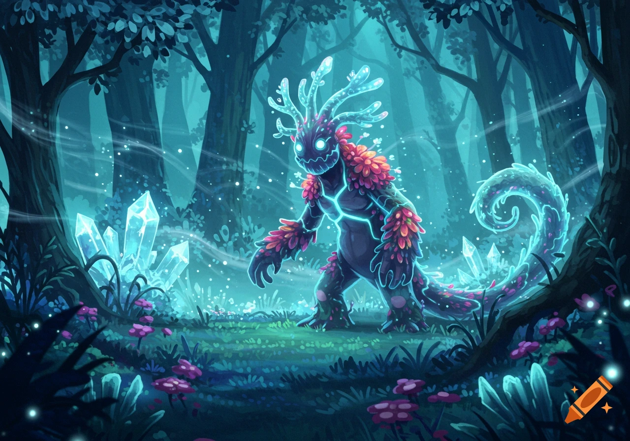 A vibrant, glowing fantasy monster with plant-like features stands in a mystical dark forest surrounded by bright blue crystals, digital art.