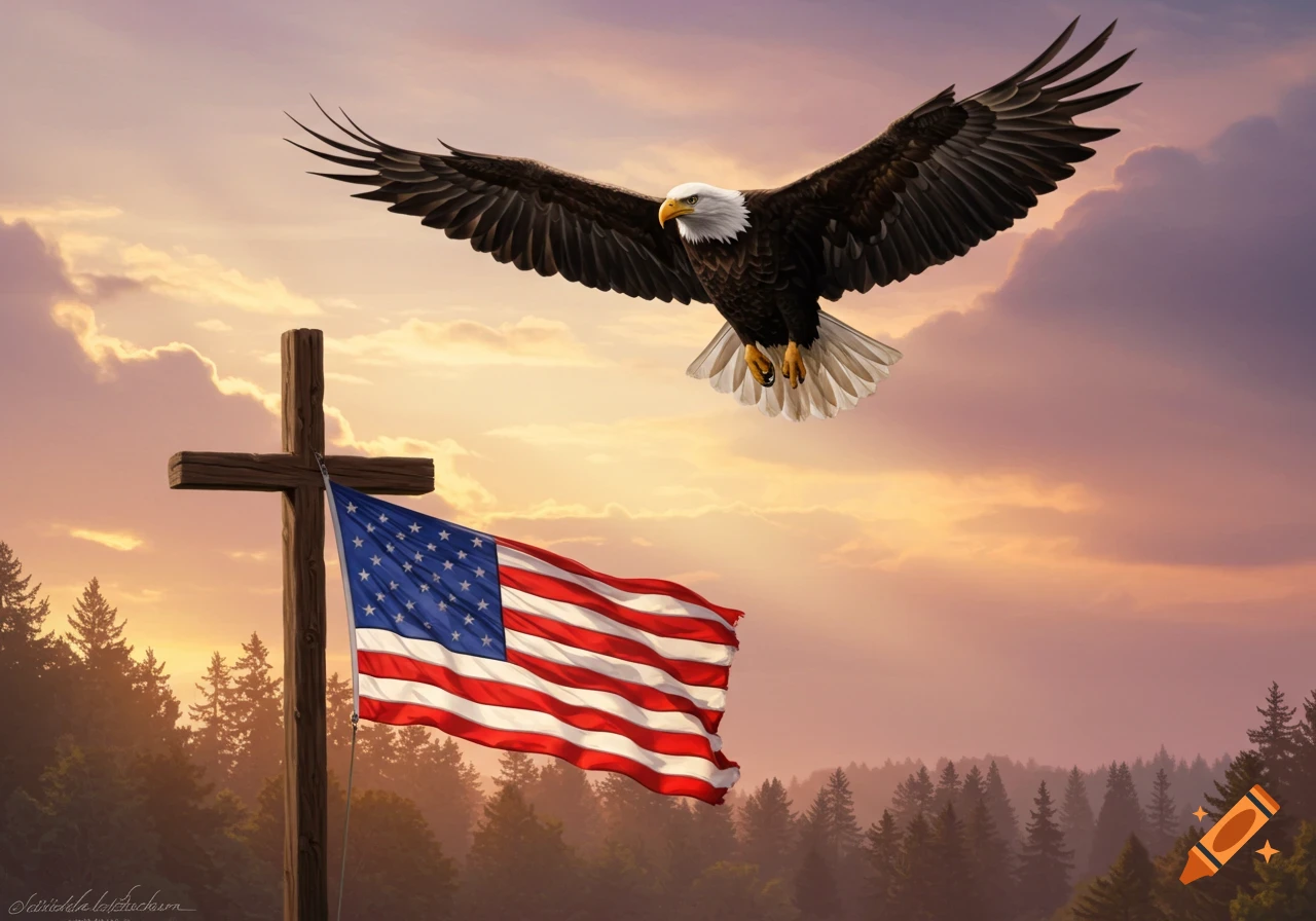 A bald eagle soars above a wooden cross with an American flag draped over it, set against a vibrant sunset sky and a forest.