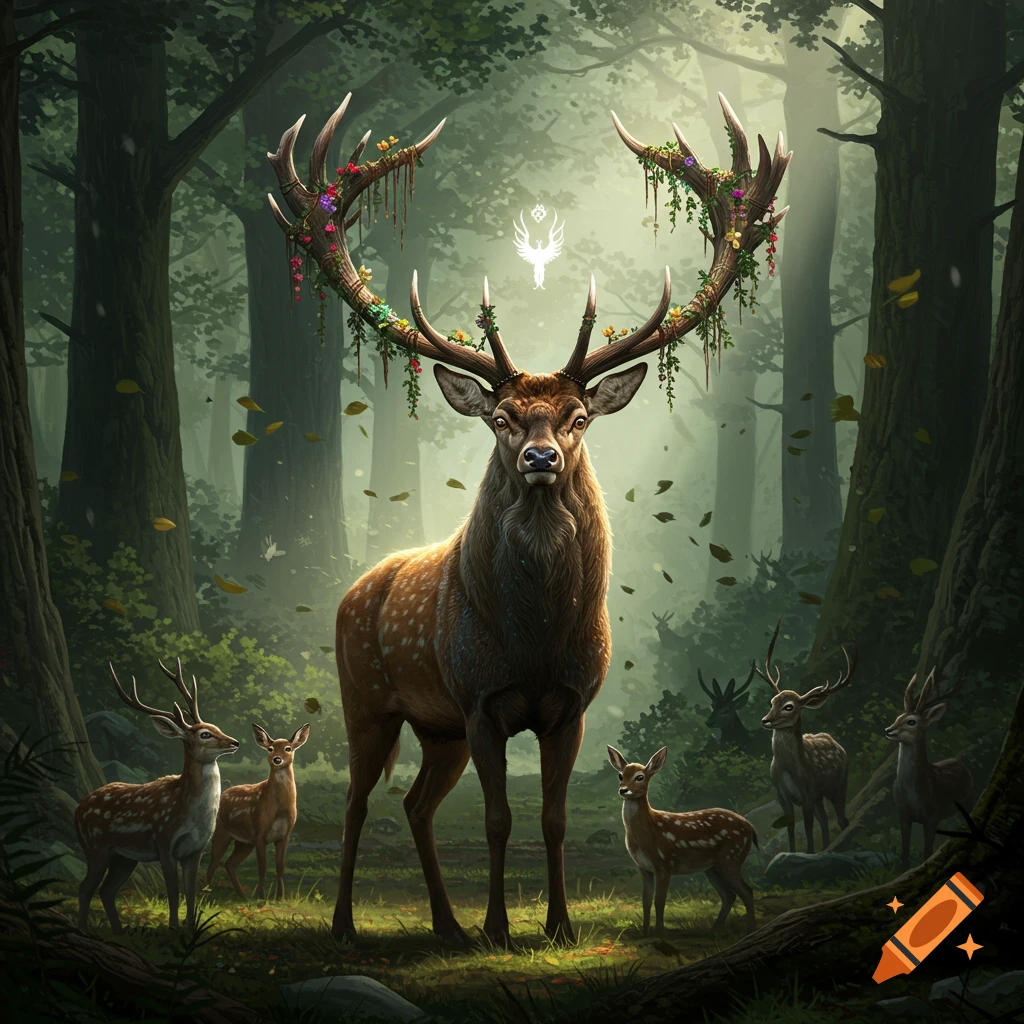A majestic stag with large antlers adorned with flowers and vines stands in an enchanted forest with other deer and a glowing symbol above its head.