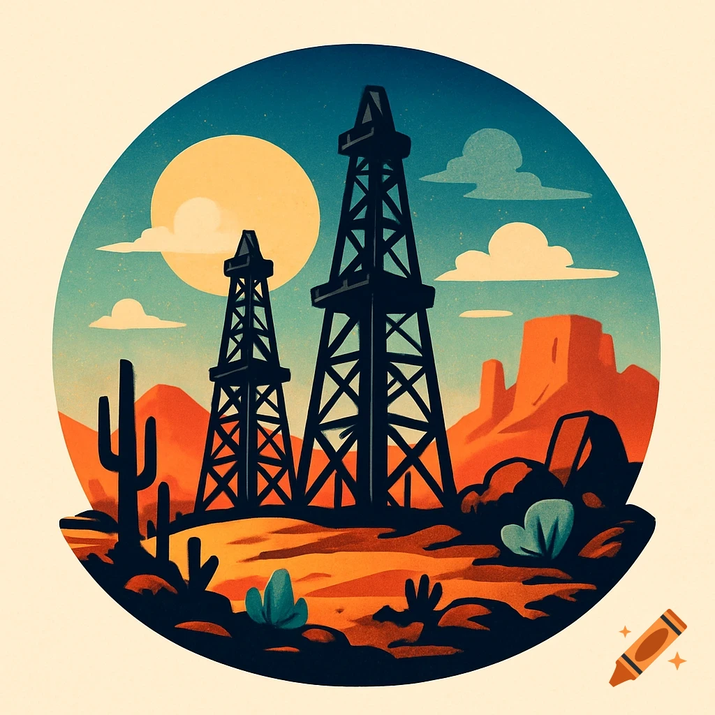 Stylized illustration in a circle featuring oil derricks, saguaro cactus, and mesas in a desert landscape under a sunny sky.