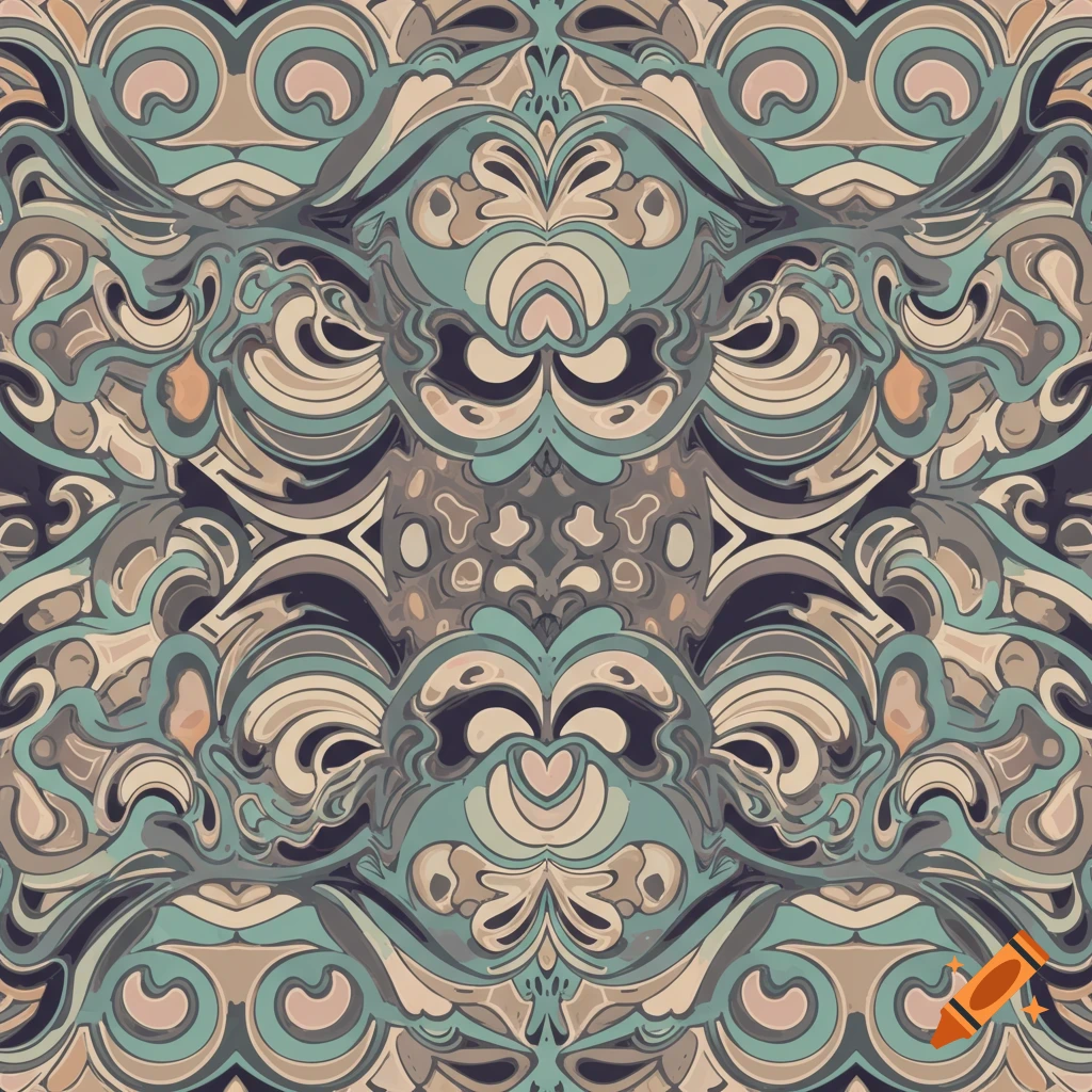 An abstract seamless pattern with swirling organic shapes in muted blues, greens, browns, and beiges.