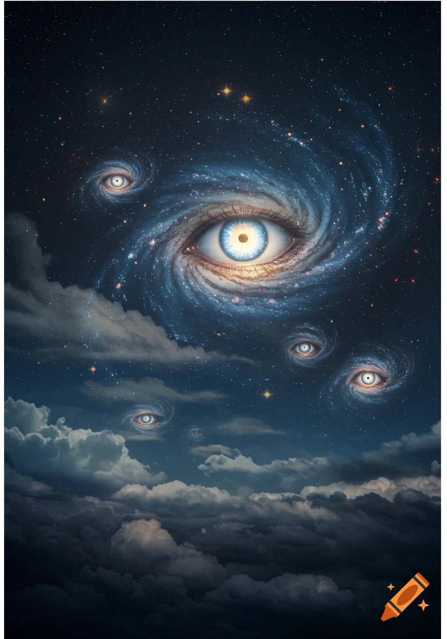 A large galaxy-like eye in a starry night sky, with multiple smaller swirling eyes and dark clouds below, in a surreal style.