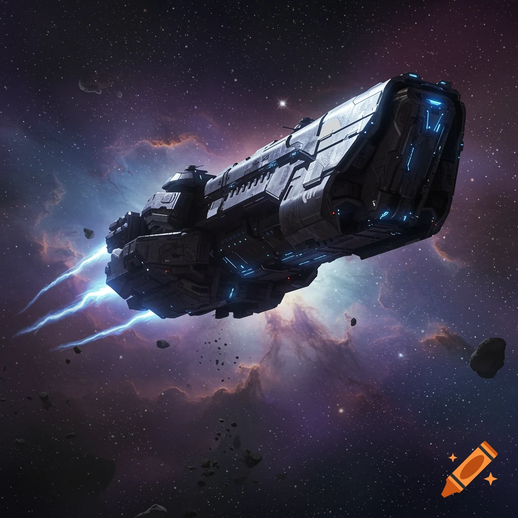 A massive, detailed gray spaceship with glowing blue accents flies through a colorful, star-filled nebula with scattered asteroids.