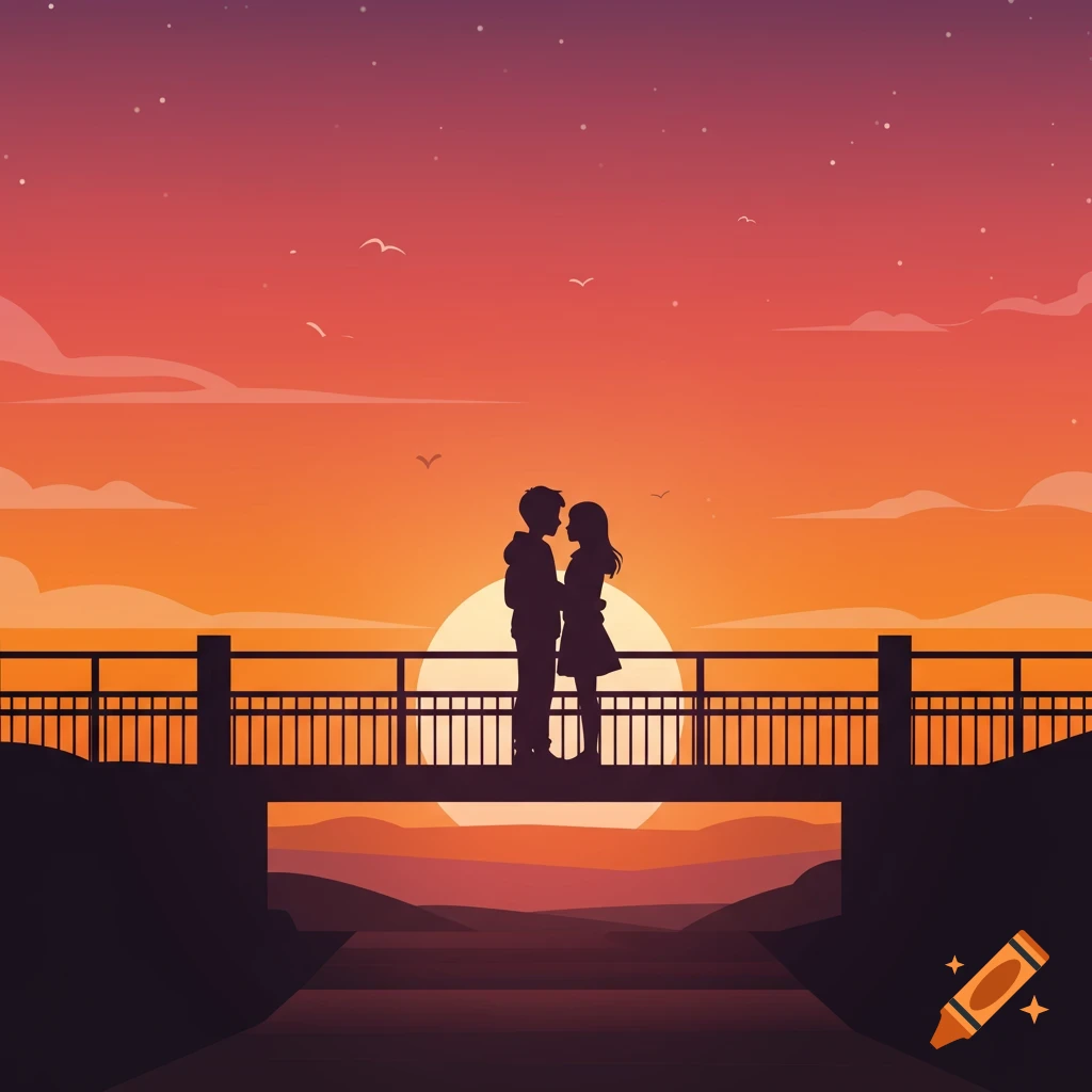 Silhouette of a boy and girl embracing on a bridge during a vibrant sunset over mountains, in a detailed vector style.