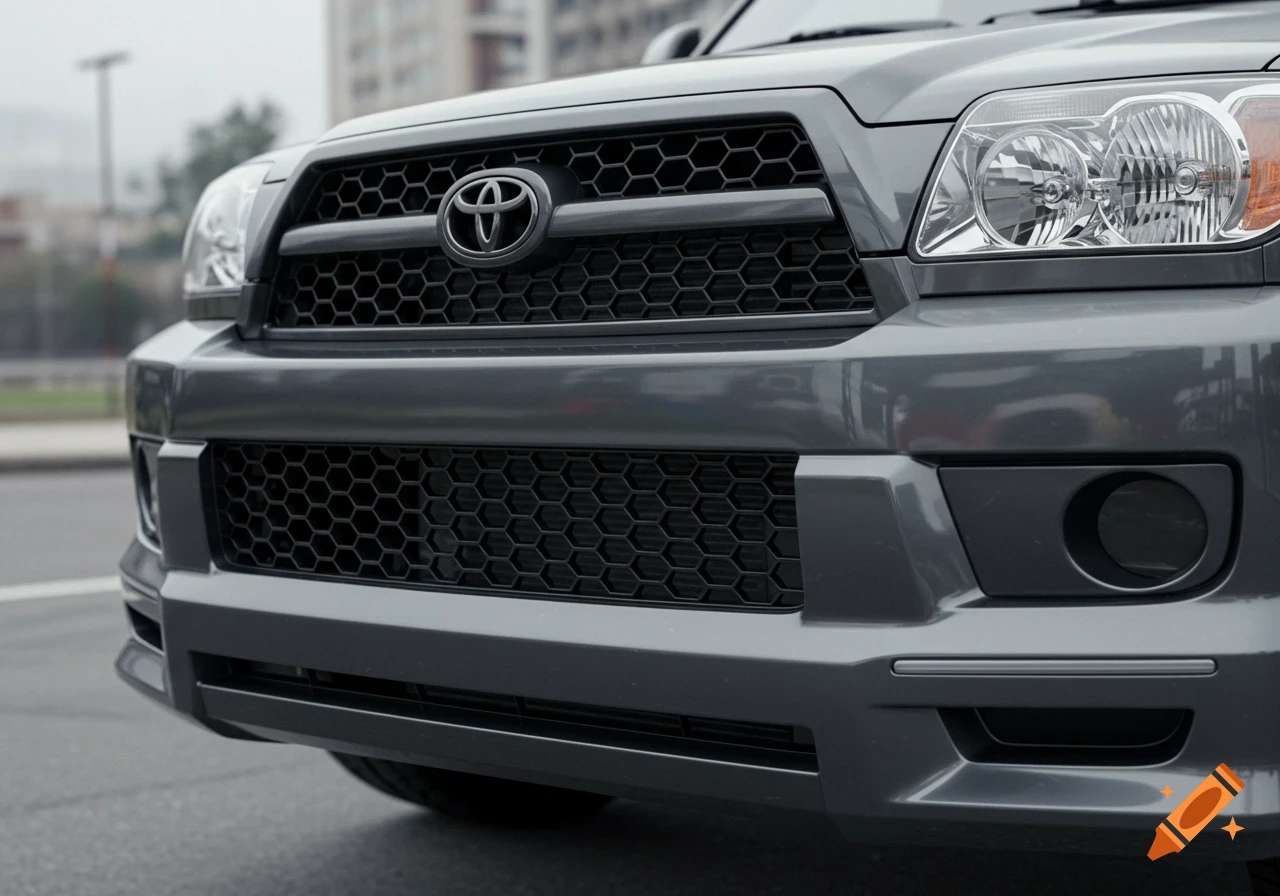 Close-up, photorealistic image of the front lower grill of a dark grey Toyota 4Runner with a hexagonal mesh grill and the Toyota emblem.