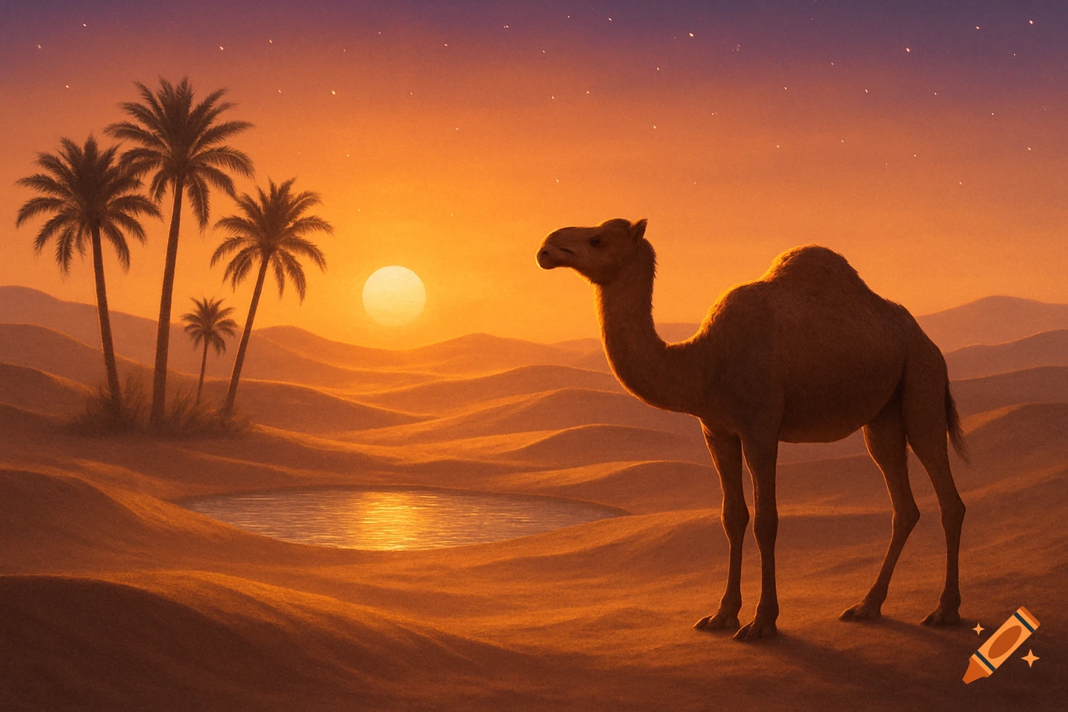A camel stands in a painterly desert landscape at sunset, with palm trees and an oasis.