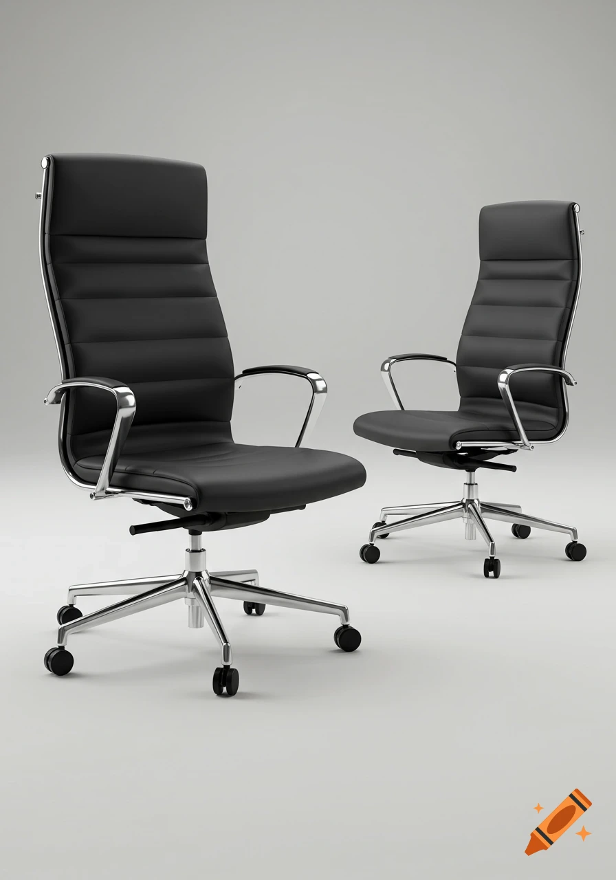 Two black leather high-back office chairs with chrome frames on a light grey background.