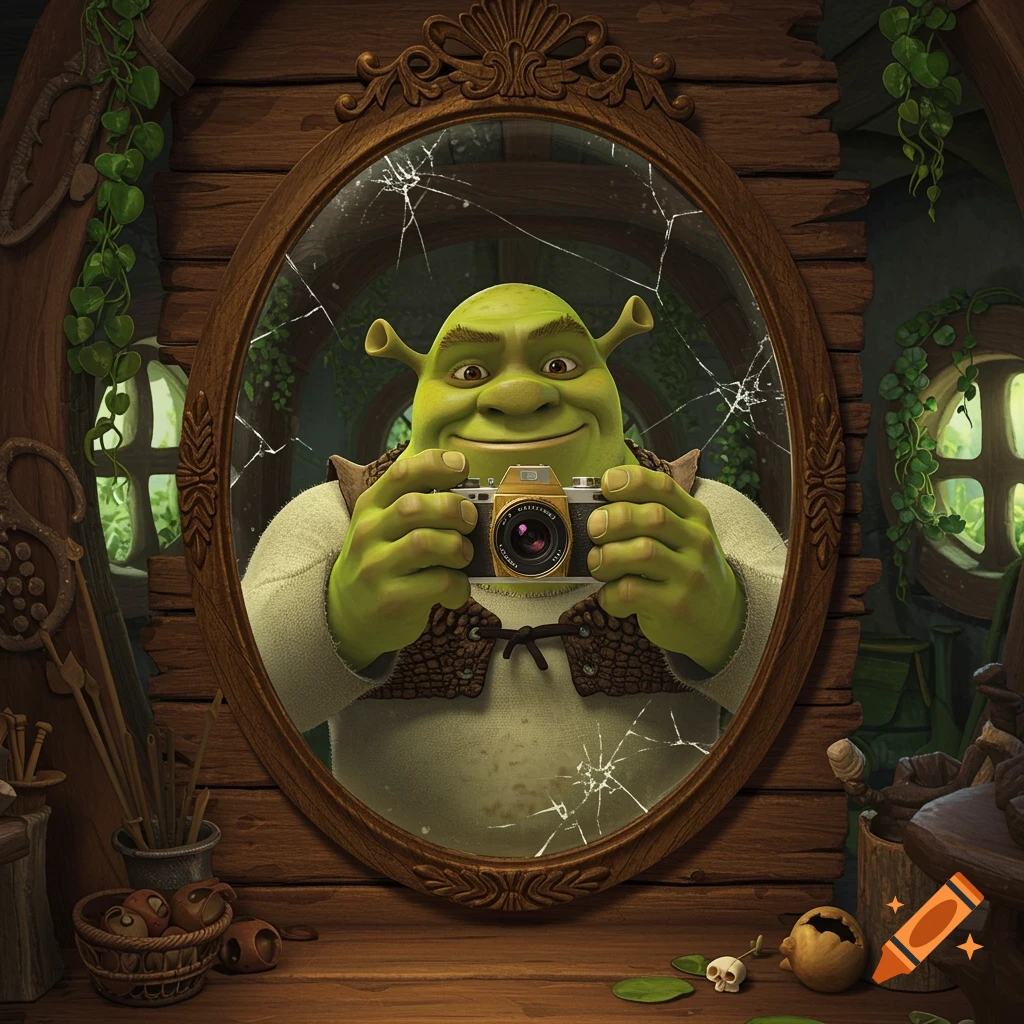 Shrek, a green ogre, smiles while taking a selfie in a cracked wooden mirror, holding a vintage camera in his swamp hut.