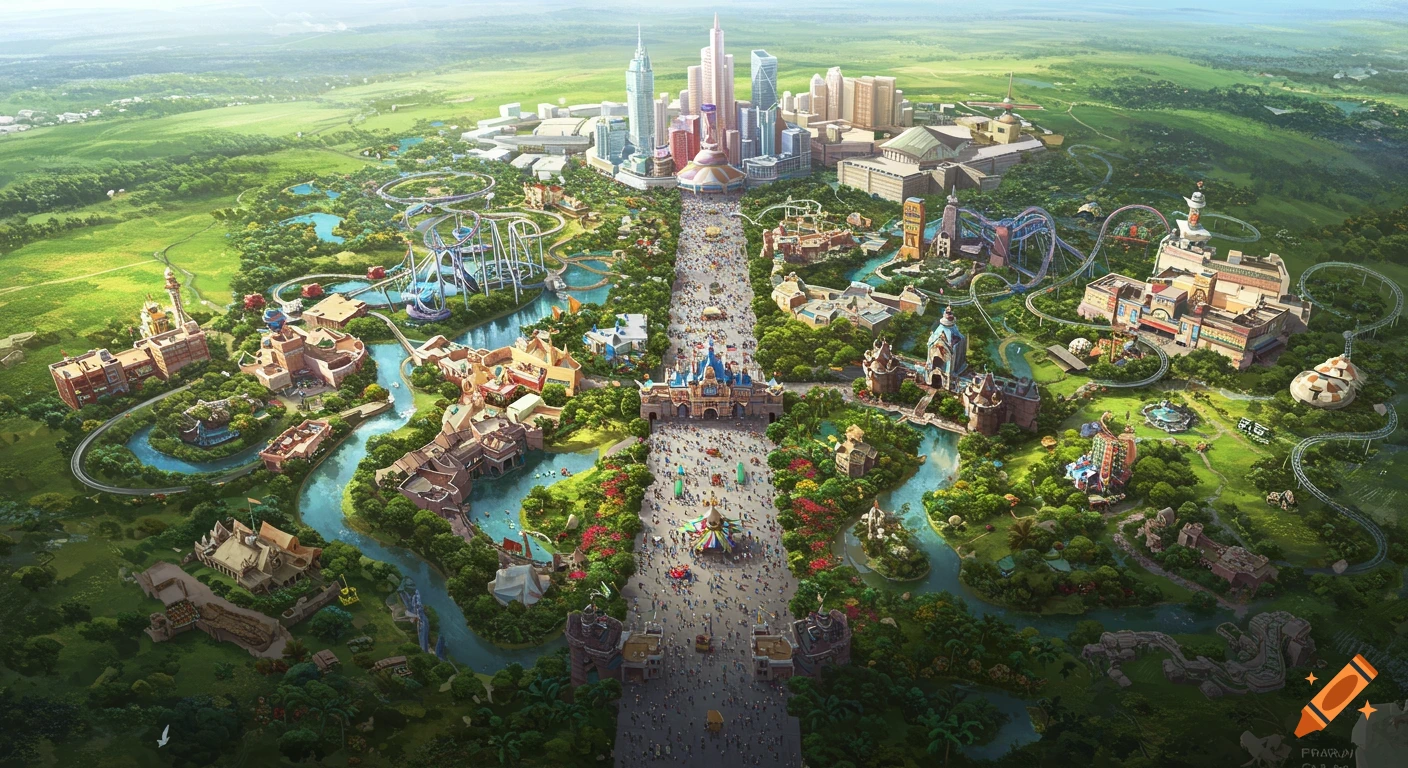 An aerial view of a detailed, realistic theme park with a long Main Street, multiple themed lands, roller coasters, rivers, and a large cityscape in the background.