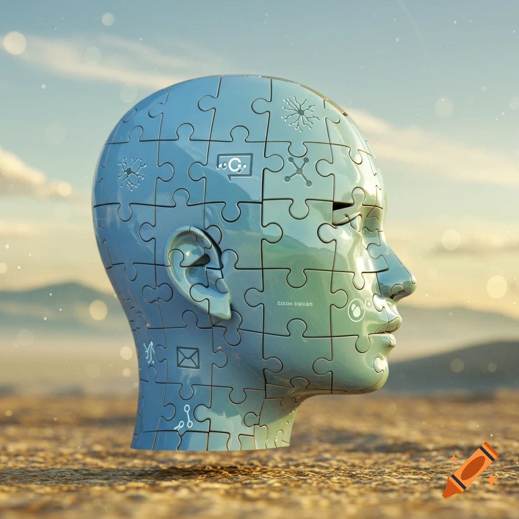 A stylized human head made of blue and green puzzle pieces, featuring various abstract symbols like neurons, an envelope, and a speech bubble with 'C.' against a blurred desert landscape with a blue sky.