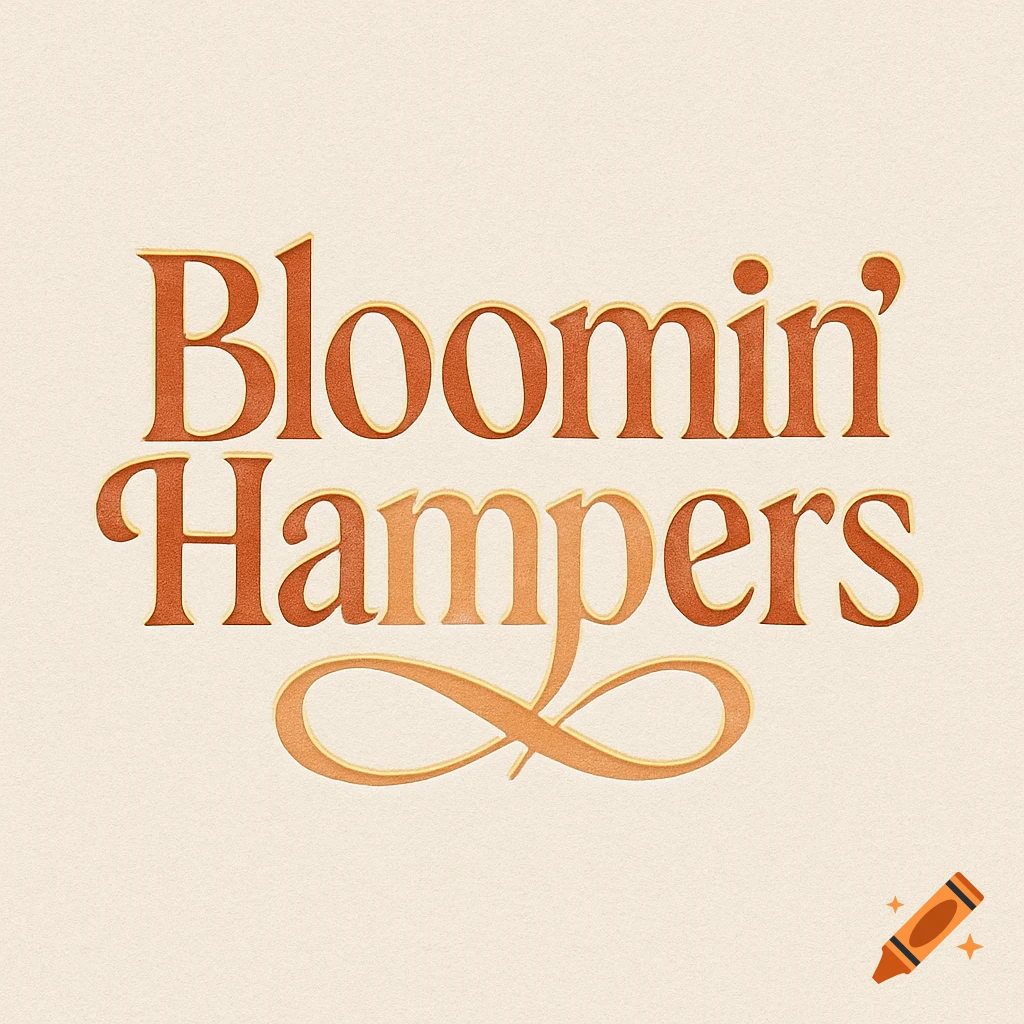 A logo for 'Bloomin' Hampers' in a warm, textured orange and brown font, with a decorative swirl underneath.
