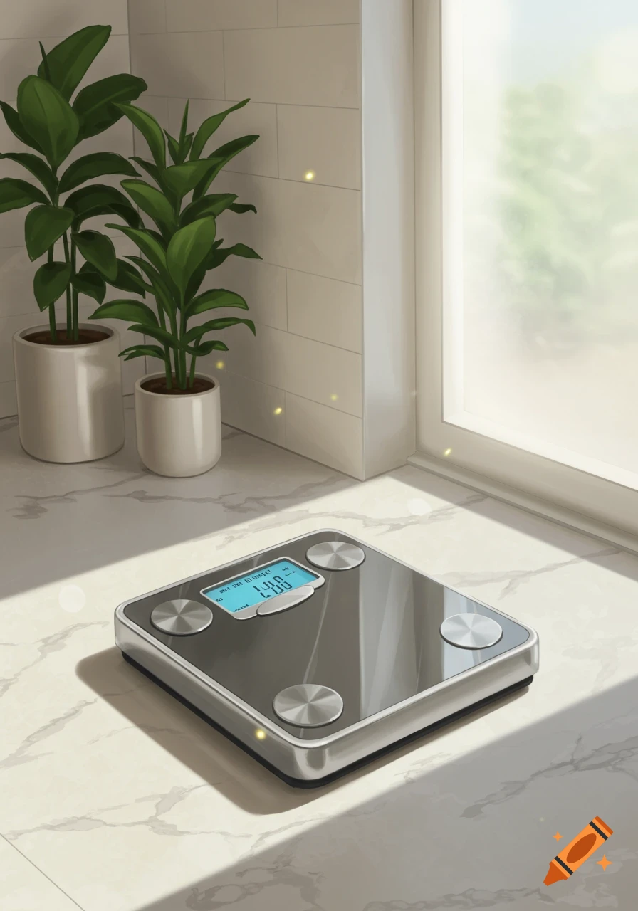 A digital bathroom scale with a blue display showing numbers rests on a marble floor beside two potted plants, illuminated by sunlight from a nearby window.