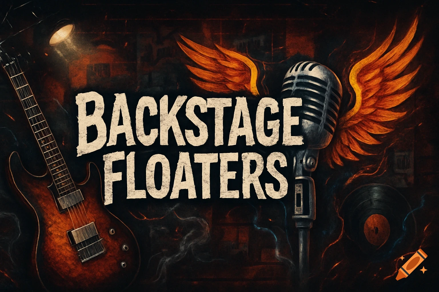 A dark, gritty rock and roll banner featuring a guitar, a vintage microphone with fiery wings, and the words 'BACKSTAGE FLOATERS'.