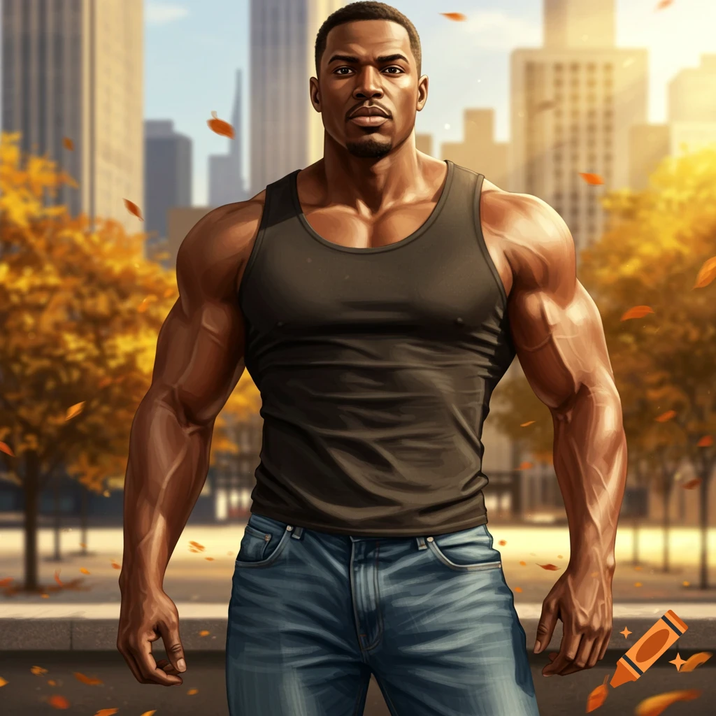 A muscular Black man in a black tank top and jeans stands on a city street with autumn leaves and buildings in the background.