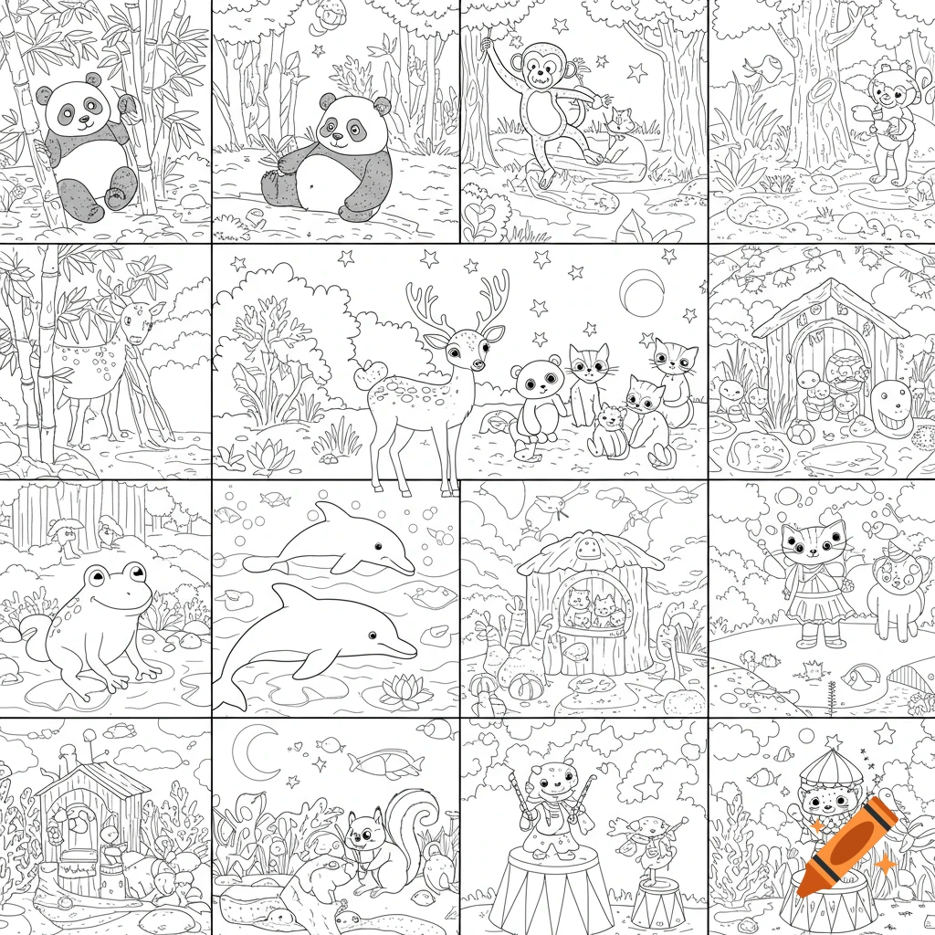 A grid of black and white line art coloring book pages featuring cute animals like pandas, deer, dolphins, and forest scenes.