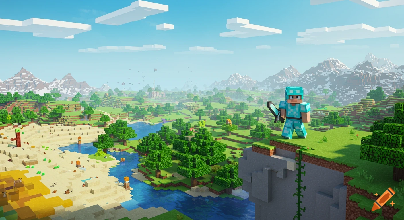 A Minecraft player in diamond armor stands on a cliff overlooking a vast blocky landscape with a river, beach, and mountains.