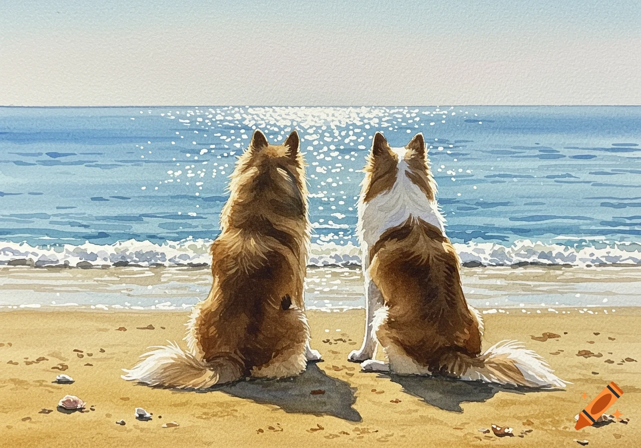 Two fluffy dogs sitting on a beach, seen from behind, looking out at the sparkling blue sea in a watercolor painting.