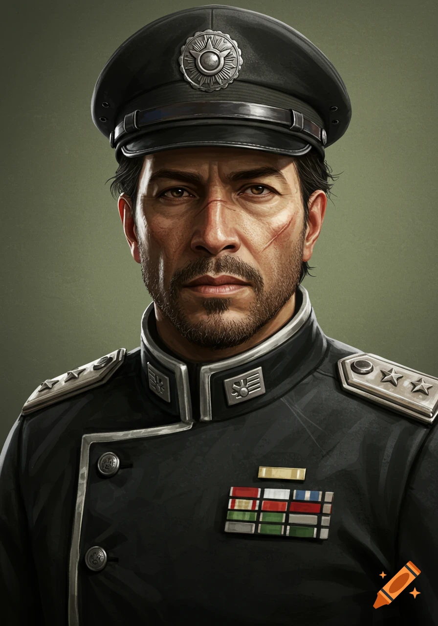 A hyperrealistic portrait of a rugged man in a dark military officer's uniform and cap, with a beard and facial scars, set against a green background.