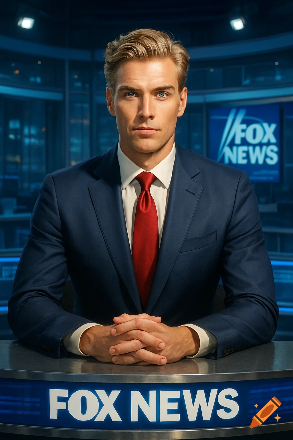 A handsome male news anchor with blonde hair and blue eyes, wearing a navy blue suit and red tie, sits at a Fox News desk in a studio.