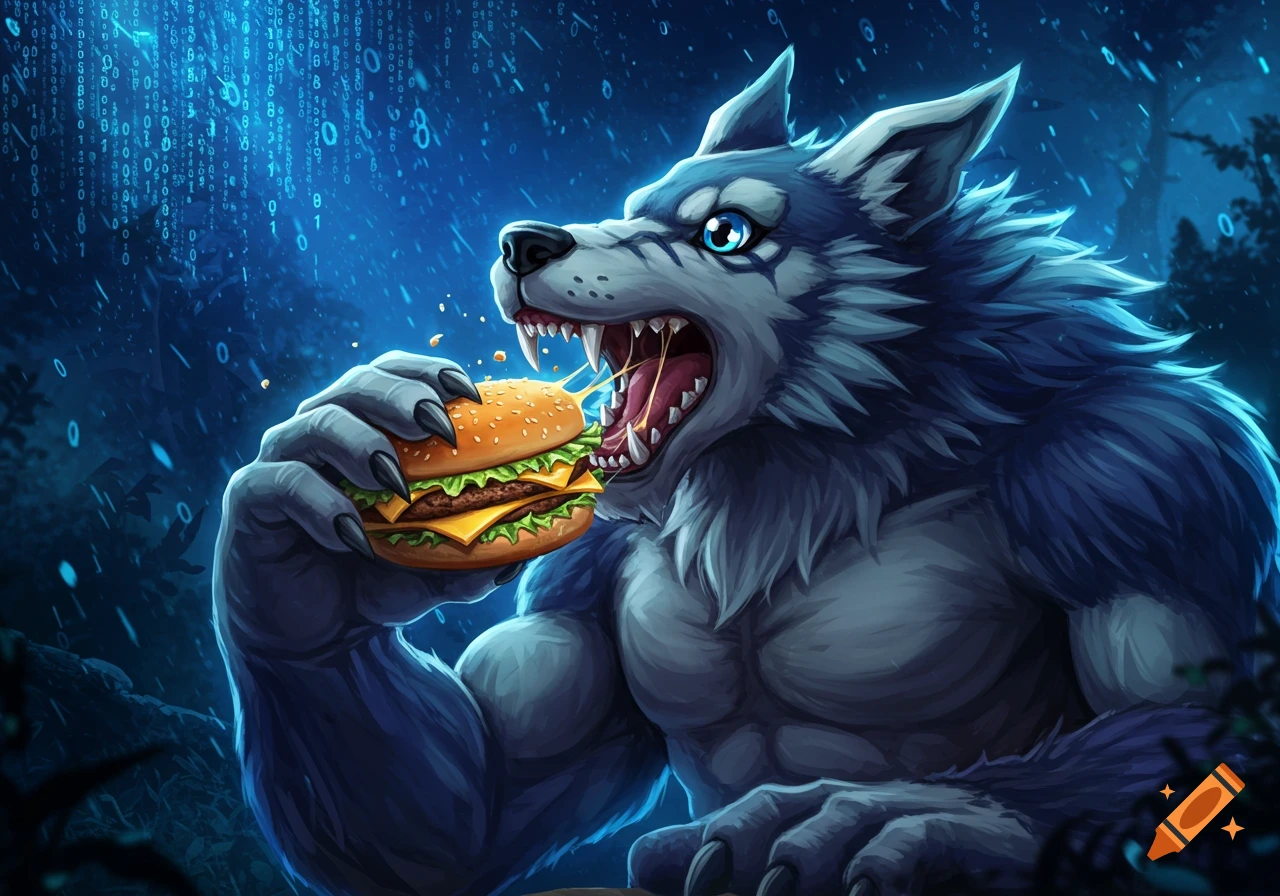 A blue werewolf with glowing eyes fiercely eats a cheeseburger against a dark blue background with falling binary code.