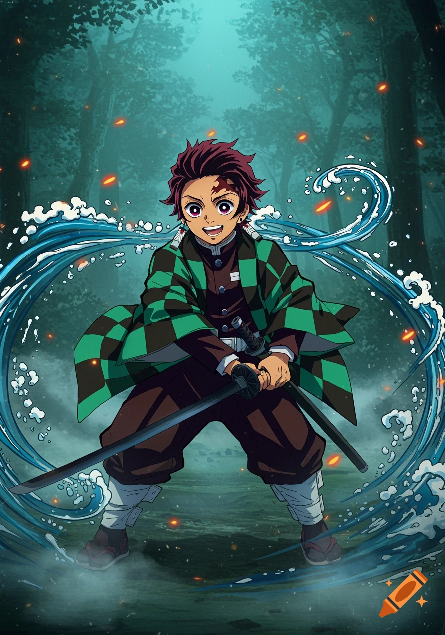 Anime character Tanjiro Kamado in a forest, holding a sword with swirling water effects.