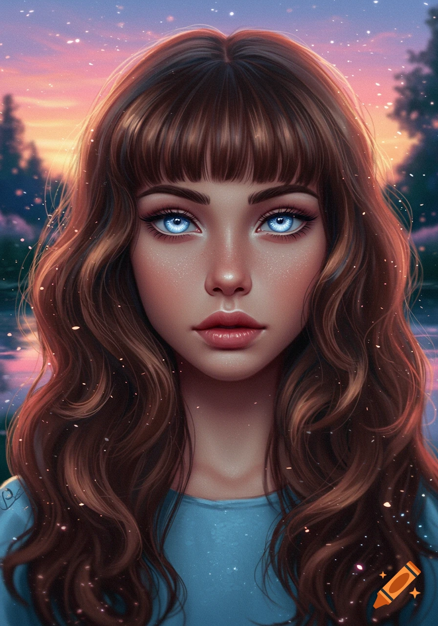 A stylized portrait of a girl with long wavy brown hair, blunt bangs, and large, glowing ice-blue eyes against a sunset background with sparkling lights.