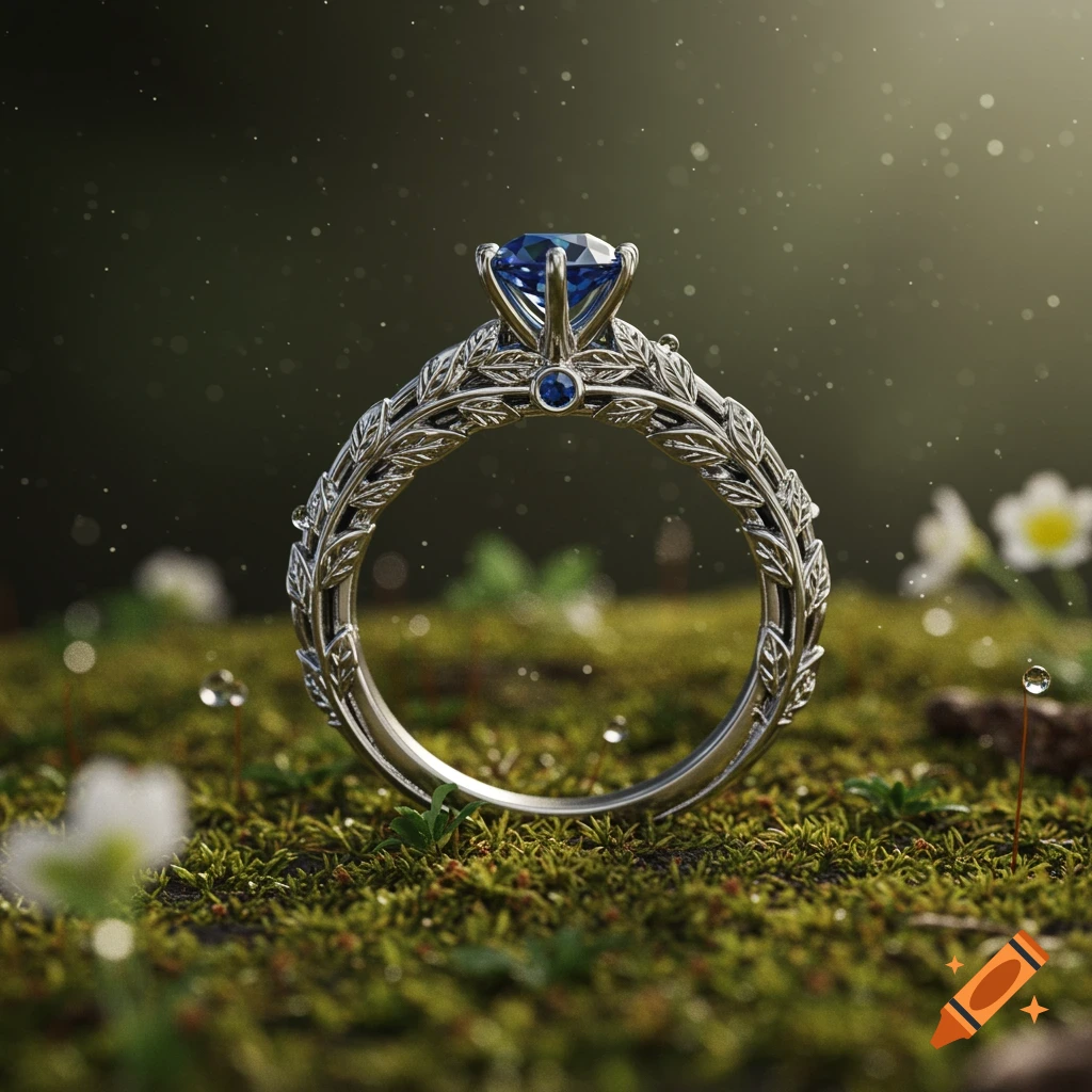 Close-up of a silver nature-inspired engagement ring with a blue sapphire, on mossy ground with water droplets.