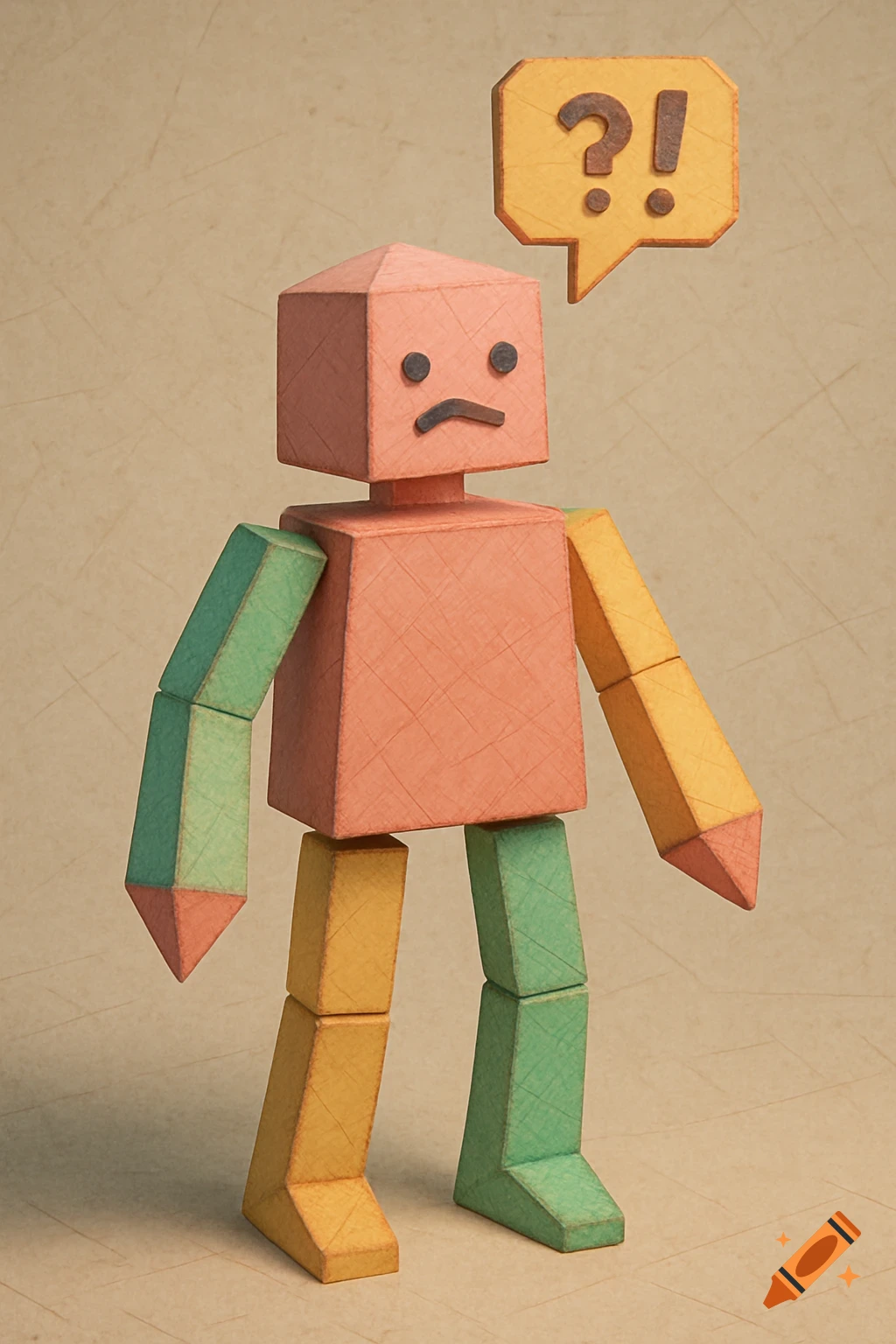 A low-poly blocky robot figure with a pink body, green and yellow limbs, a sad face, and a yellow speech bubble containing a question mark and exclamation mark.