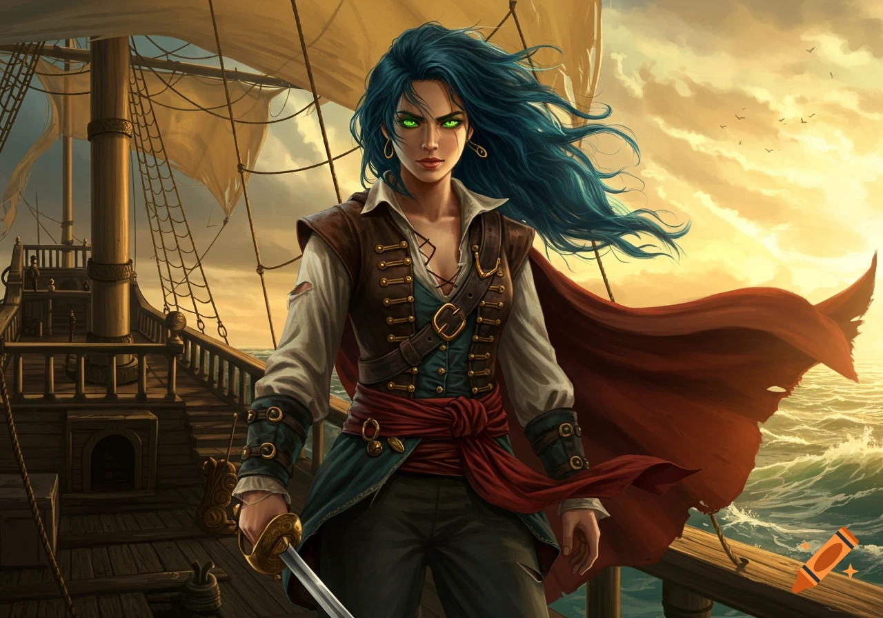 A female pirate with flowing blue hair and glowing green eyes stands on a ship deck, sword in hand, against a golden sunset sky.