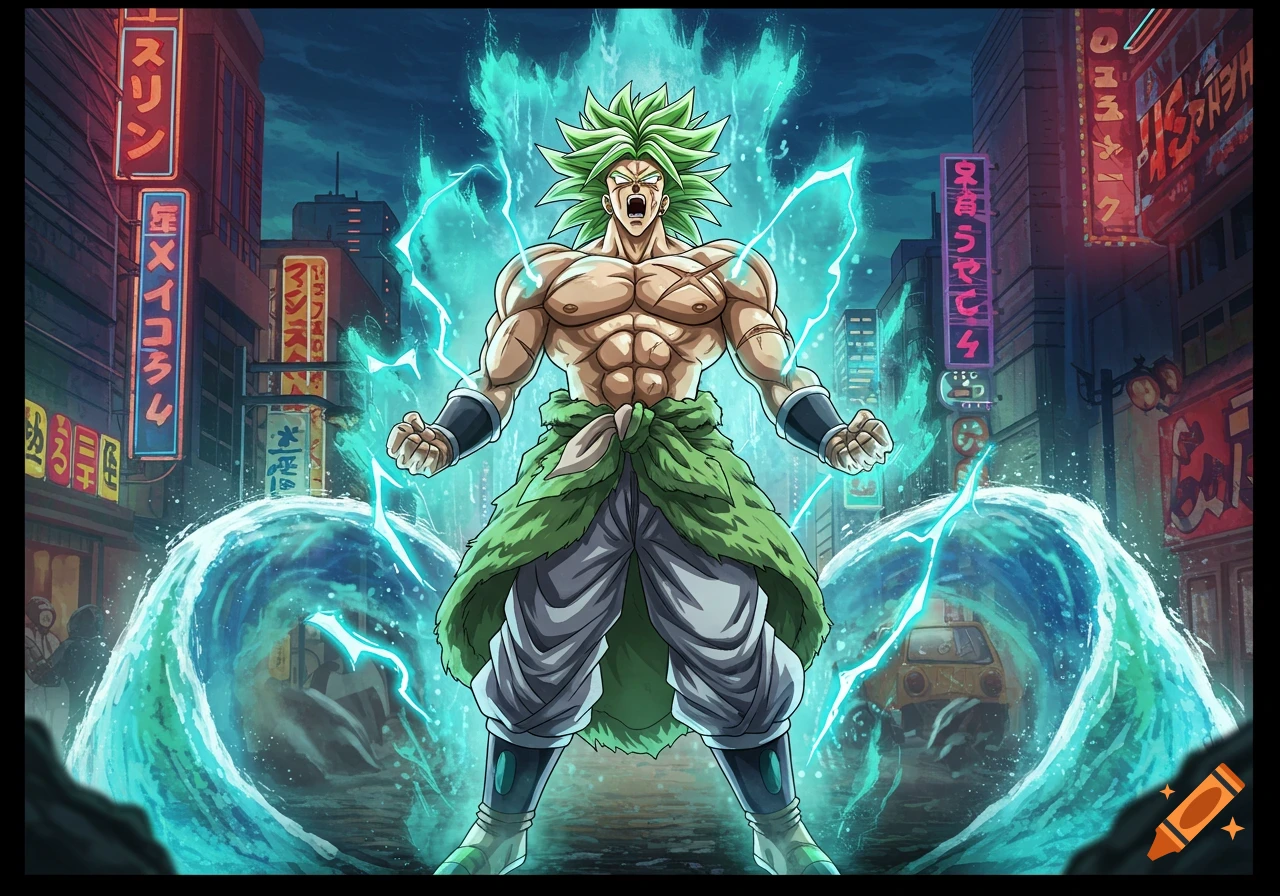 A muscular green-haired anime character, Broly, powers up in a city street with neon signs and water effects.