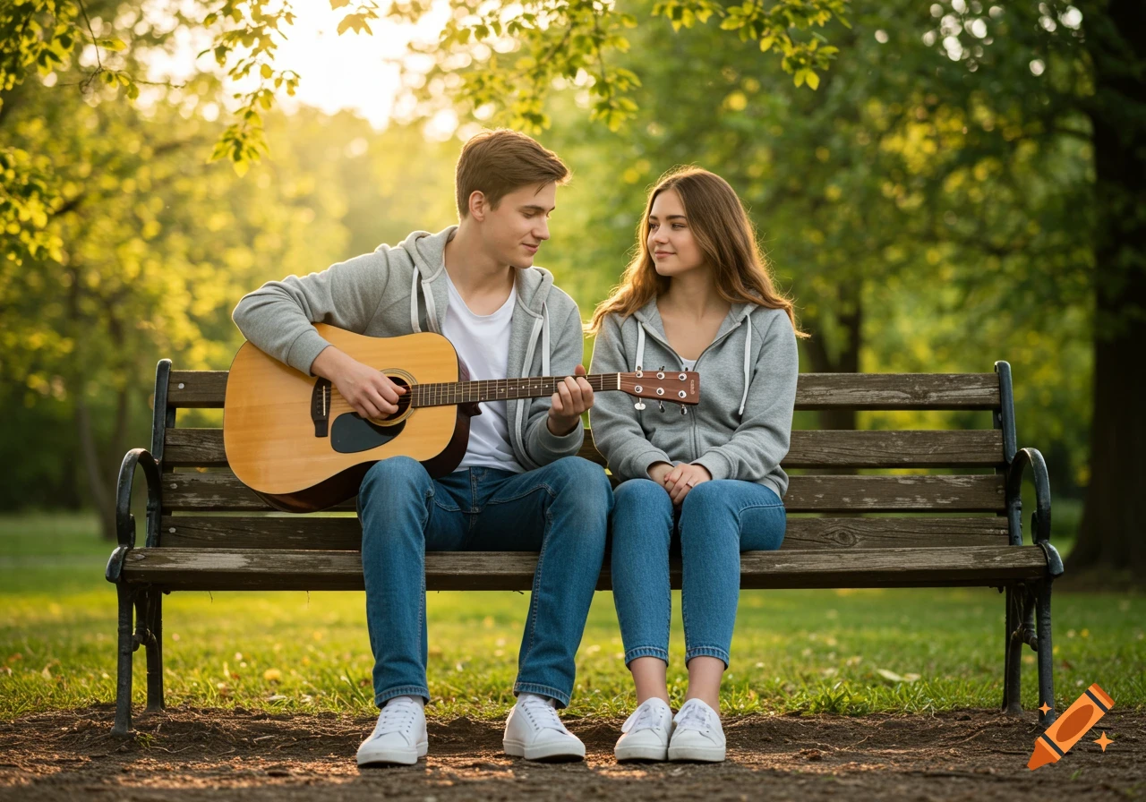 A young man plays an acoustic guitar for a woman on a park bench, bathed in golden light. Photorealistic.