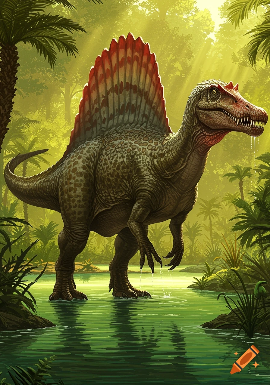 A large Spinosaurus stands in shallow green water in a lush, sunlit jungle swamp.