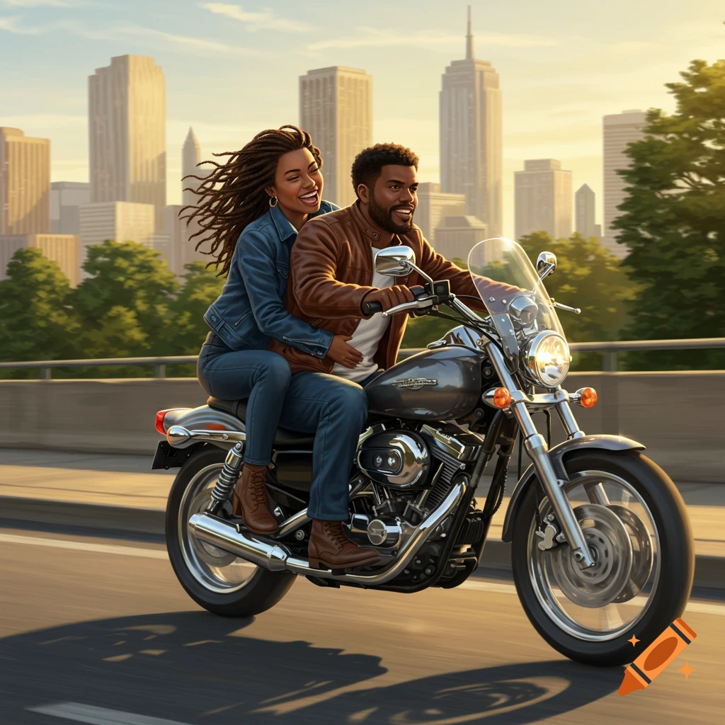 A man and woman ride a motorcycle on a highway with a cityscape under a golden sky.