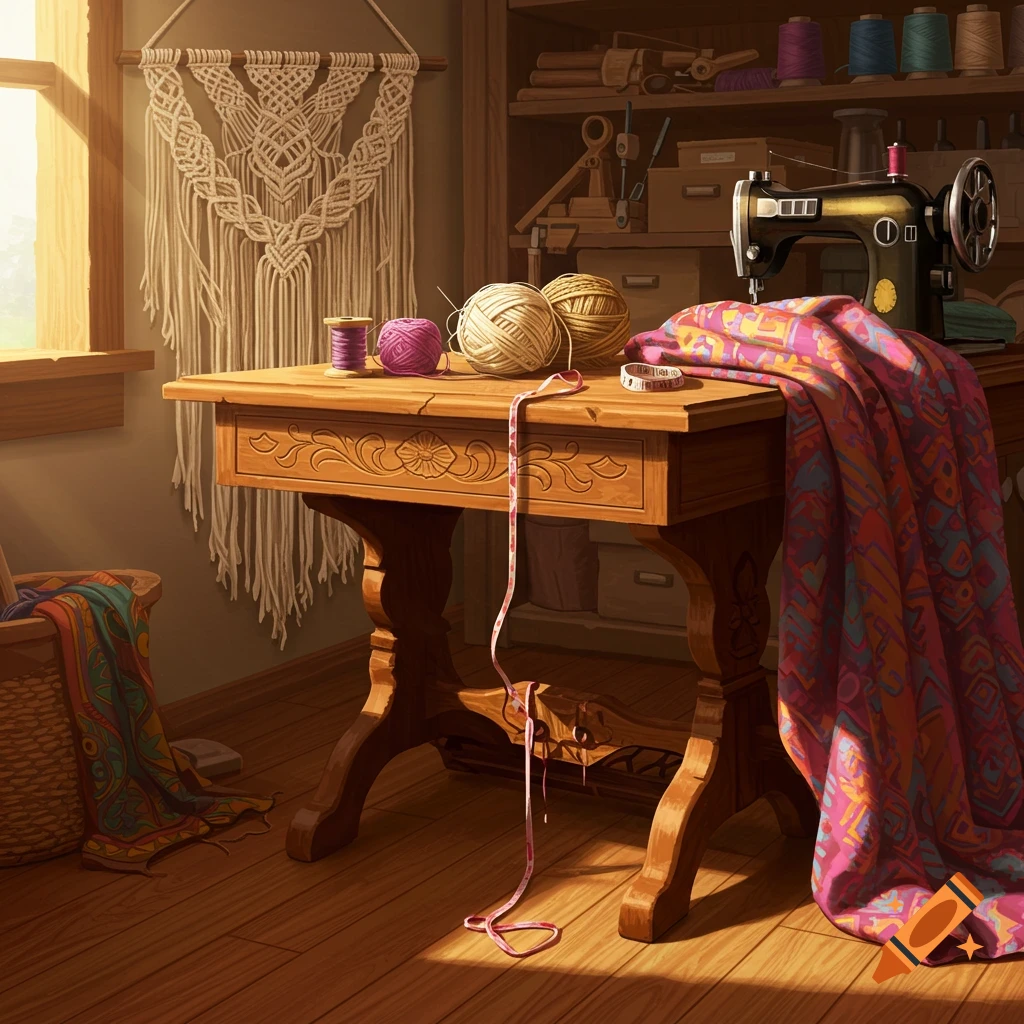 A sunlit crafting room with a wooden table, sewing machine, colorful fabric, yarn, and a macrame wall hanging.