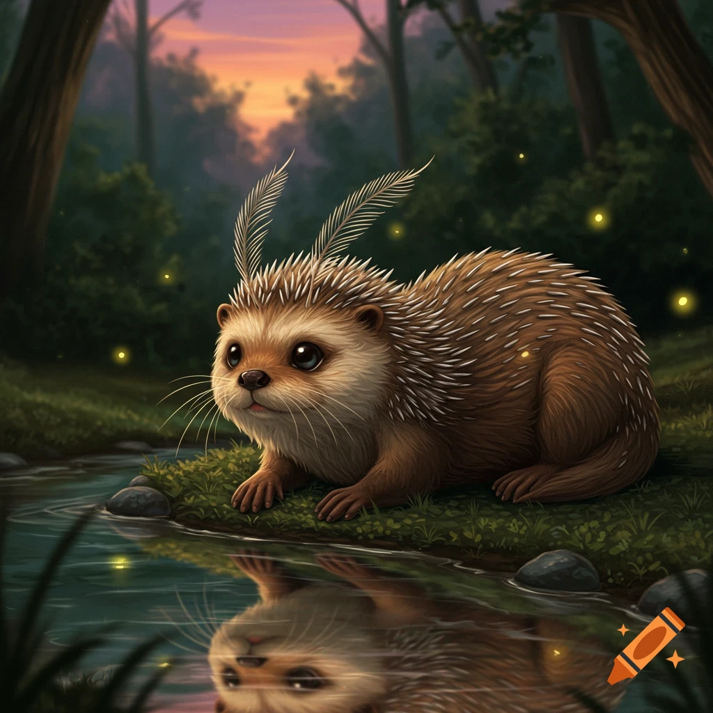 A cute, brown, spiny creature with large feathery antennae crouches by a stream in a dusky forest with fireflies.