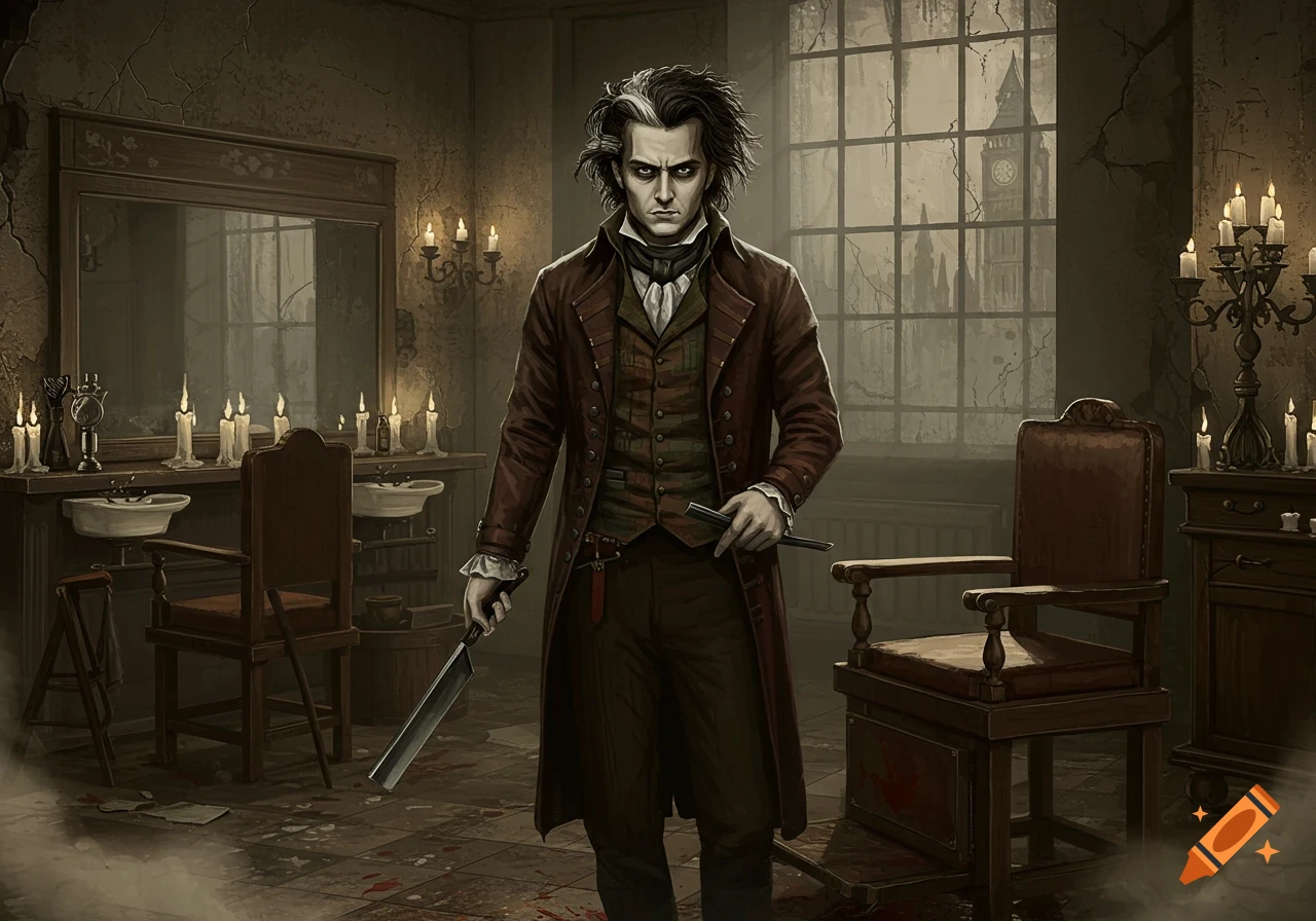A sinister Sweeney Todd with black and white hair stands in a candlelit, dilapidated barbershop, holding a razor.