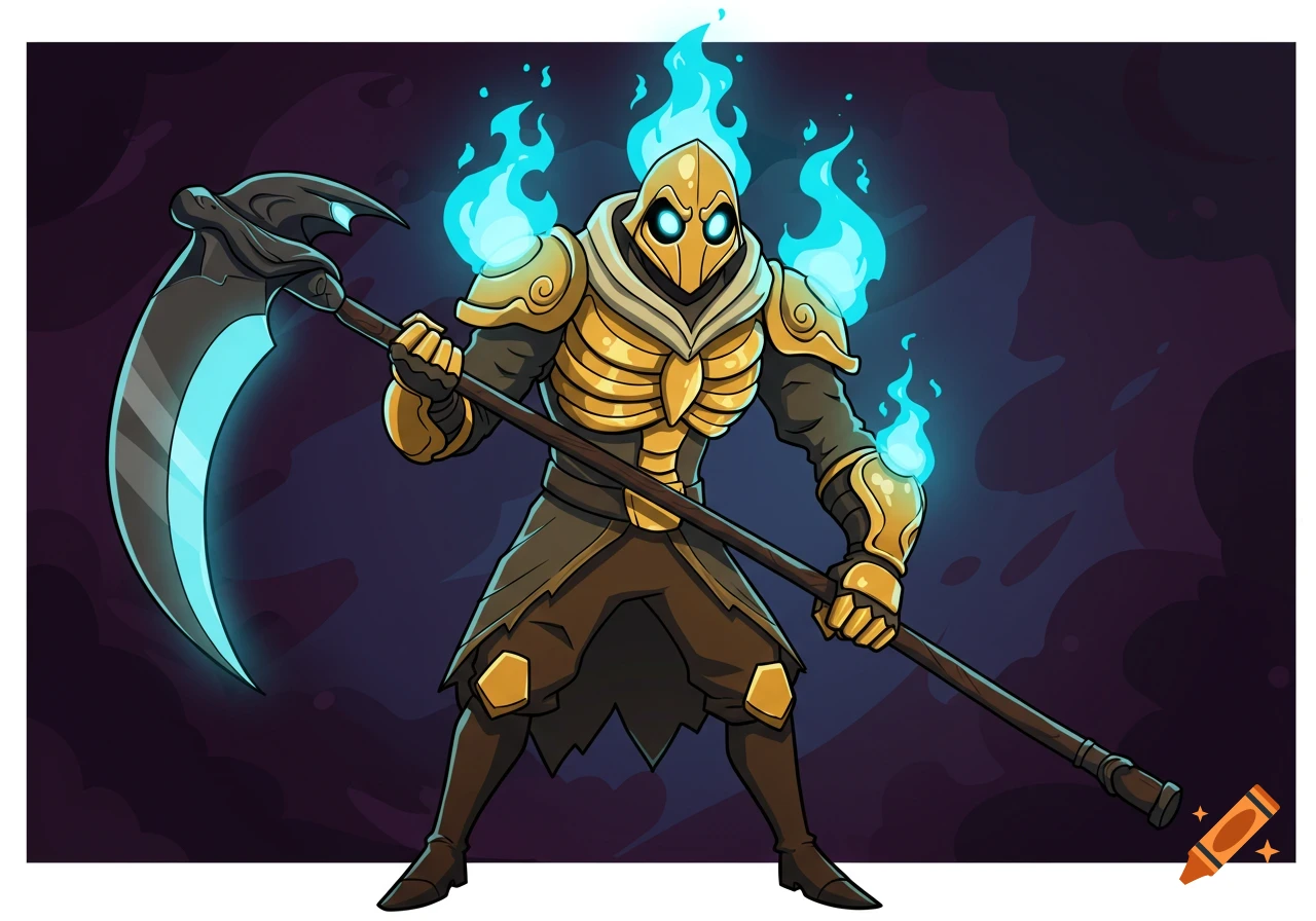 A 2D cartoon-style character, resembling Fortnite's Oro skin, stands holding a glowing blue scythe. Blue flames emanate from its shoulders and head.