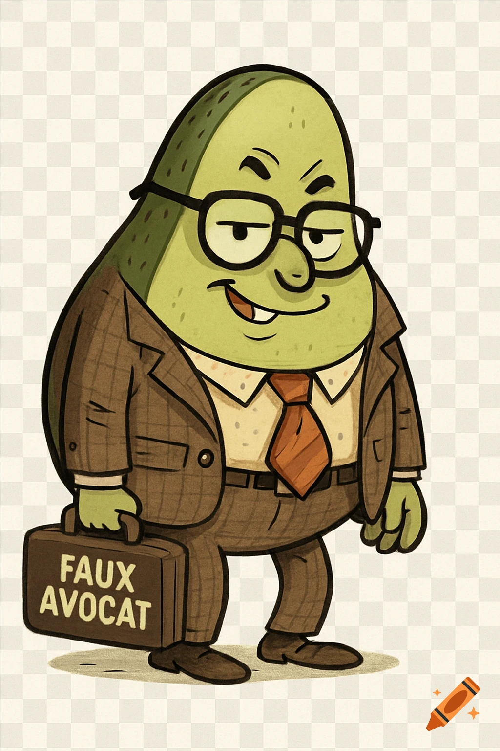 A cartoon avocado character in a brown suit and glasses, holding a briefcase with 'FAUX AVOCAT' written on it, with a playful expression.