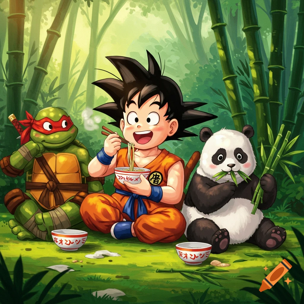 Kid Goku eating ramen with a Ninja Turtle and a panda bear in a bamboo forest, in an anime style.