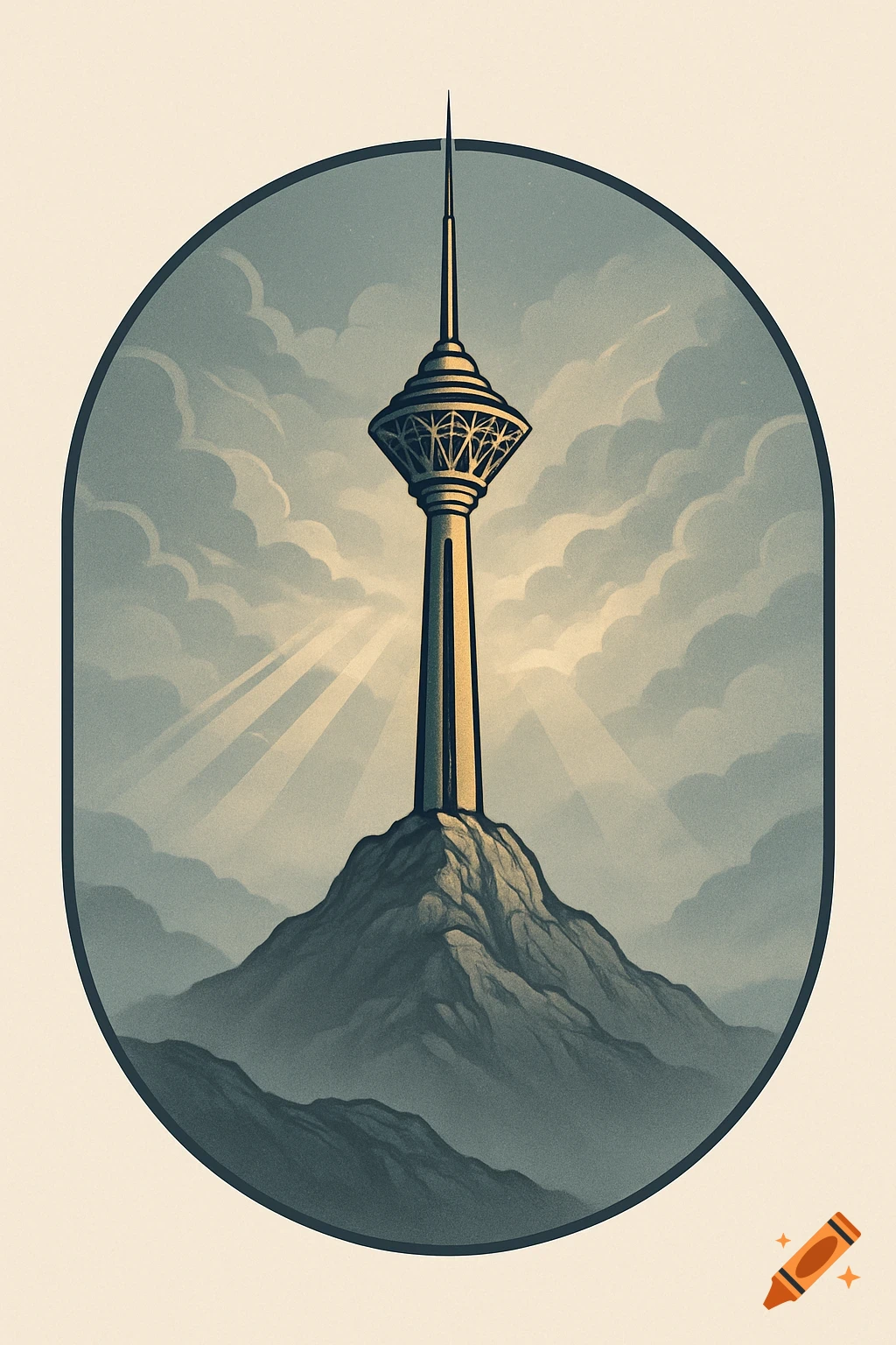 Stylized illustration of a tower resembling Milad Tower on a rocky mountain peak, with sun rays piercing through clouds.