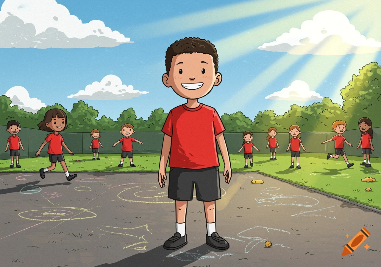 Cartoon image of a group of diverse children in red shirts and black shorts playing outdoors on a sunny day with chalk drawings on the pavement.