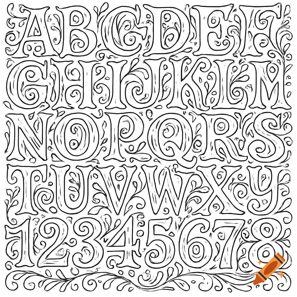 Black and white line art coloring page featuring a decorative alphabet from A to Z and numbers 1 to 8, with swirling patterns.