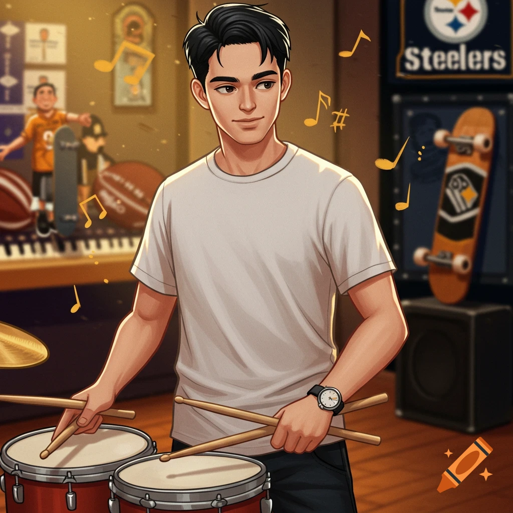 An anime-style male character with black hair plays drums, with a Steelers banner and skateboard in the background.