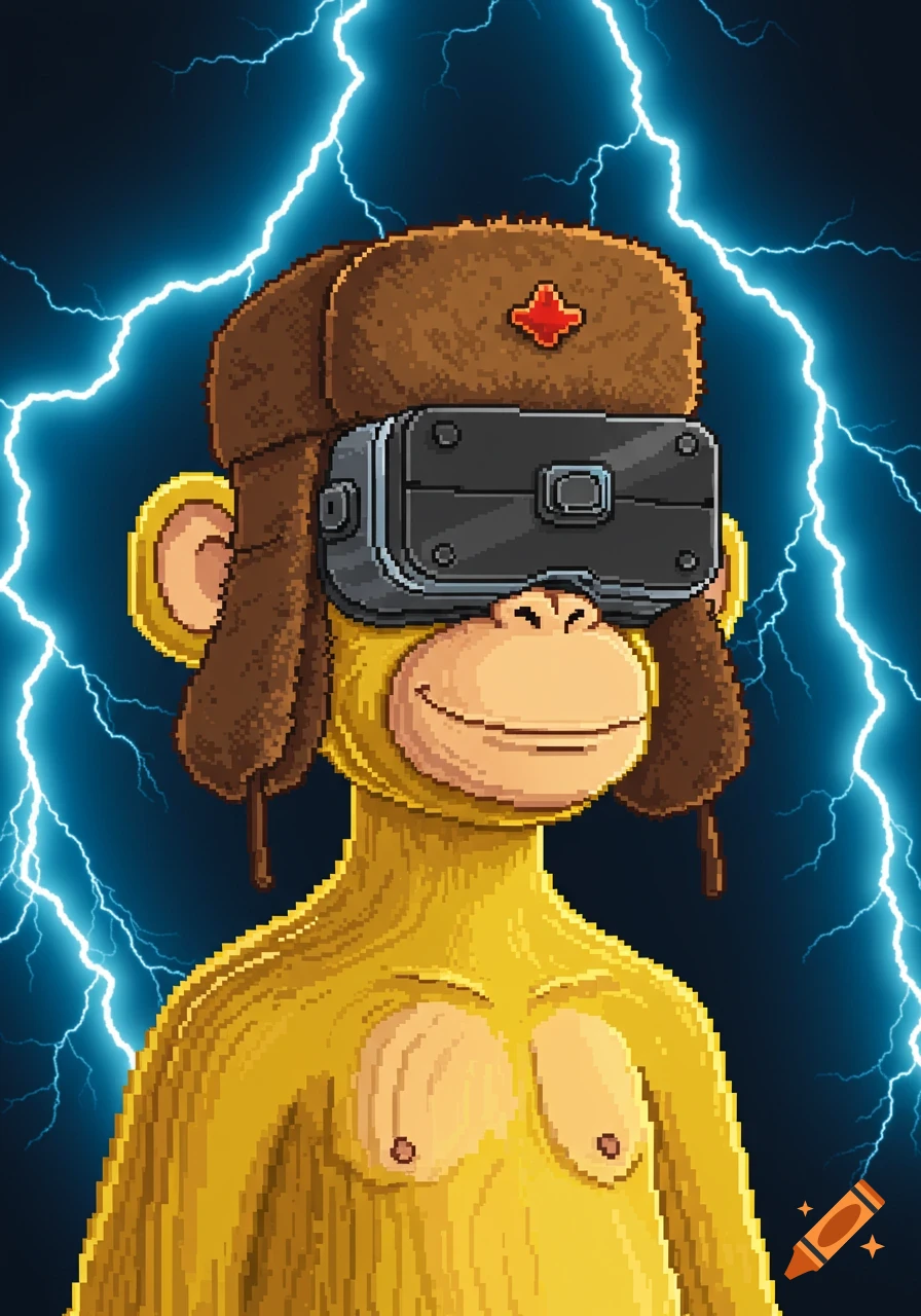 A pixelated yellow monkey wearing a brown Russian ushanka hat and VR headset, smiling with lightning in the background.