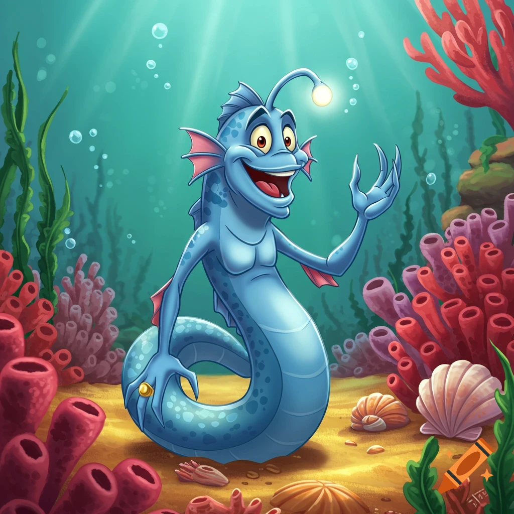 A smiling blue anglerfish-like creature with a snake-like body, humanoid torso, and fins stands underwater surrounded by coral and seaweed.