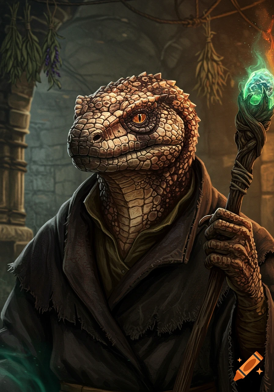 Photorealistic portrait of a lizardfolk wizard in a dark robe, holding a glowing magical staff in a stone chamber.